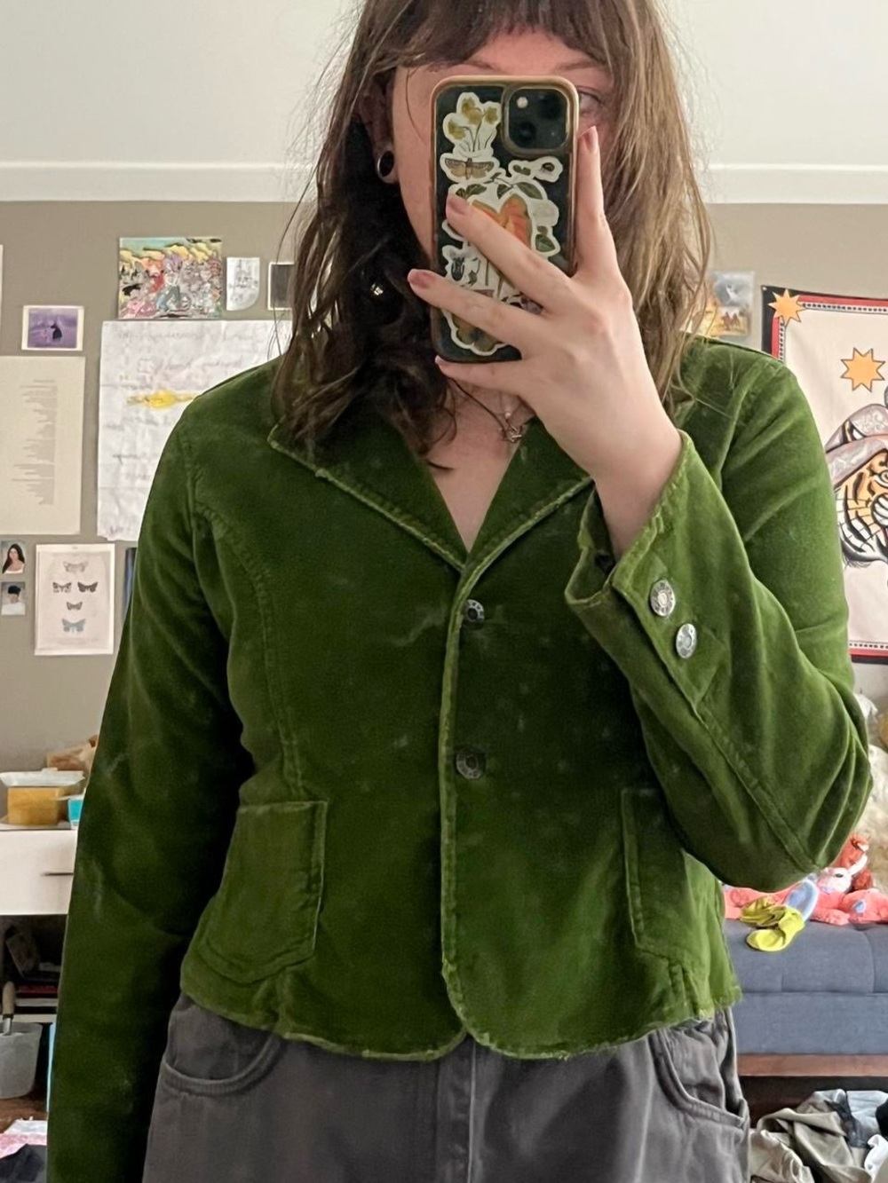 Cropped Vintage Green Velvet Button-Front Jacket